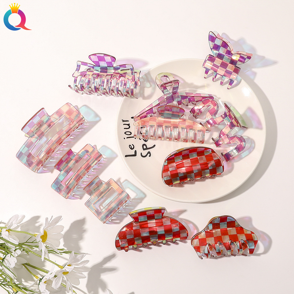 Qiyue Korean acetate hair clips for women's fashion, retro checkerboard pattern, colorful shark clips, back of the head, updo hair clips, and headwear details Picture