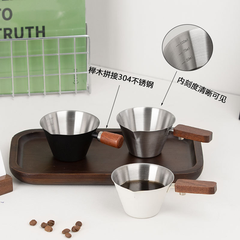 Beech wood handle Italian espresso measuring cup, stainless steel graduated small milk cup, coffee liquid extraction and receiving cup full figure