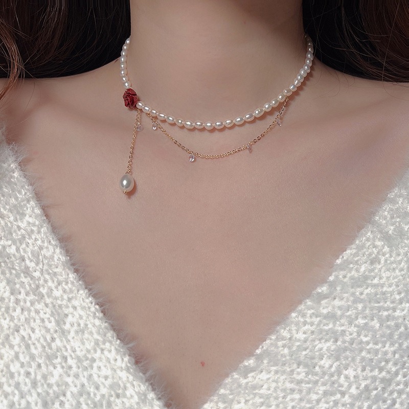 Rose flower zircon pearl necklace, Korean niche design sense, ins style neck chain, collarbone chain, elegant necklace for women details Picture