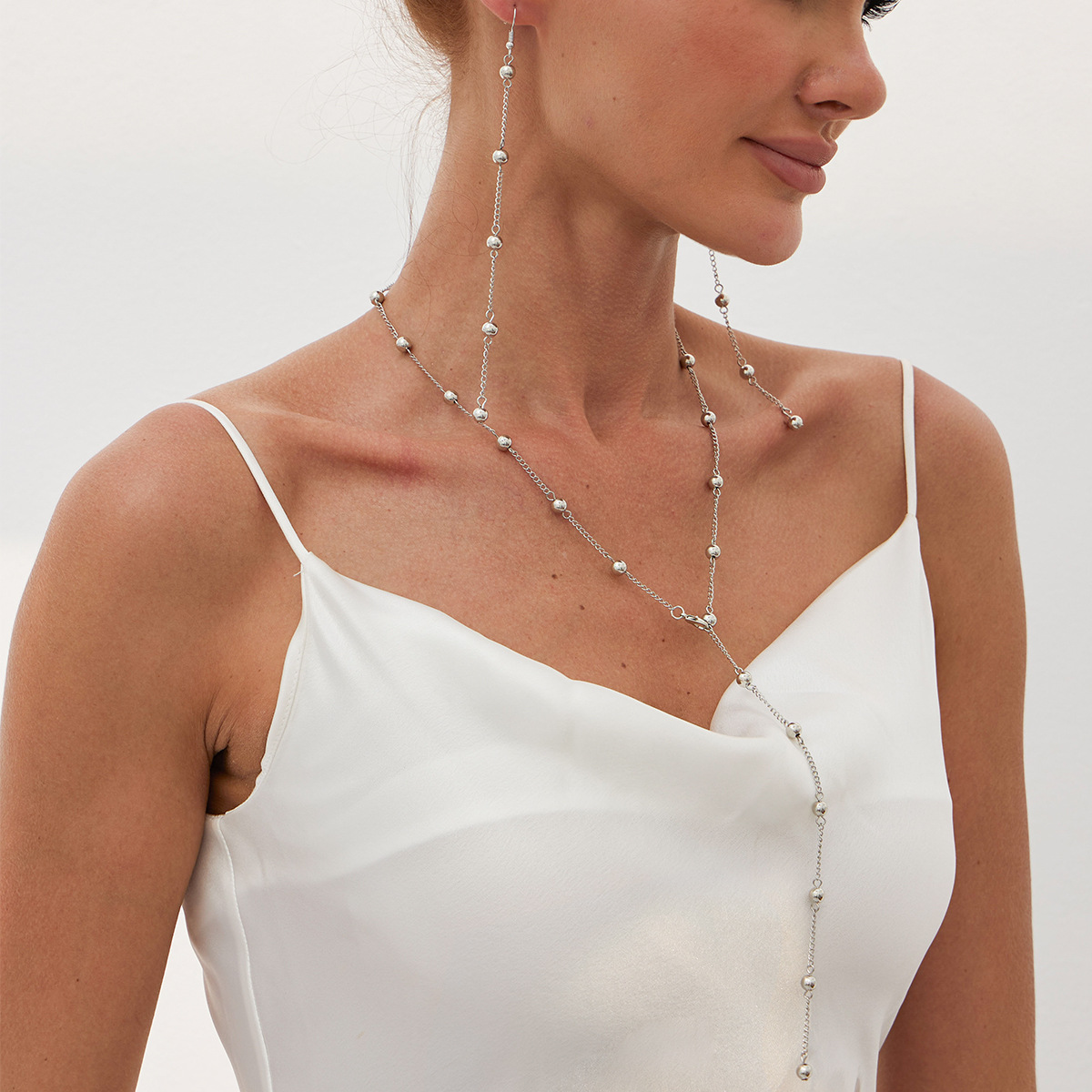 European and American cross-border jewelry fashion Y-shaped round bead necklace simple metal elegant suzhou fine chain necklace for women details Picture