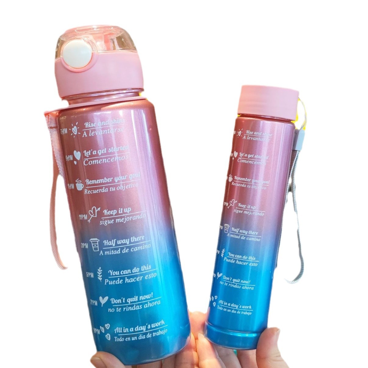 High-gloss gradient plastic straw water cup, large-capacity internet-famous two-piece set for sports and fitness, portable carrying rope water bottle Item Picture