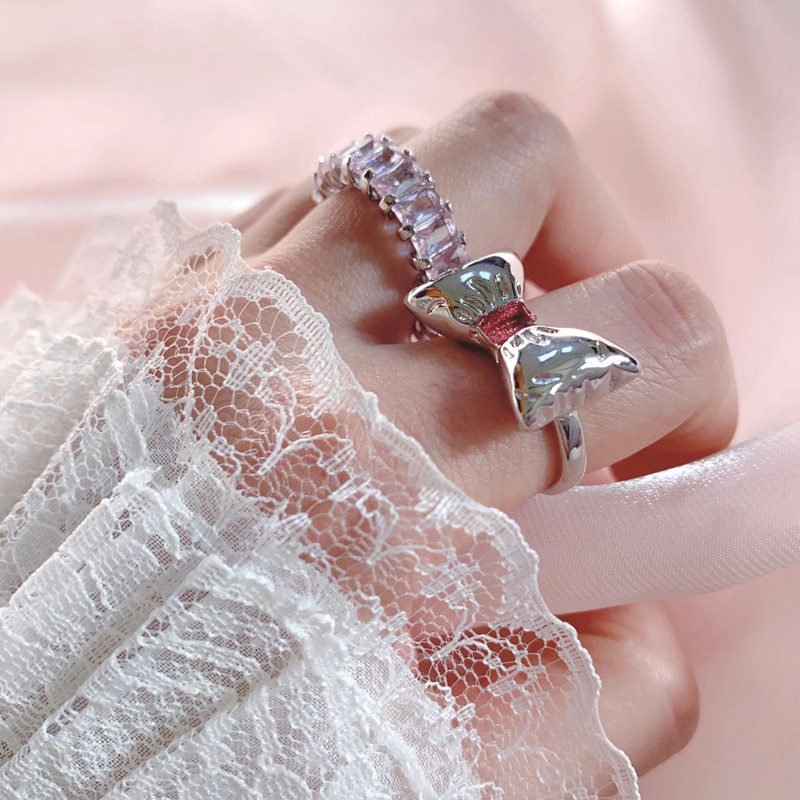 Japanese-style pink bow, pink diamond zircon ring with adjustable opening, sugar cube micro-set ring, sweet and trendy feminine jewelry Specification drawing