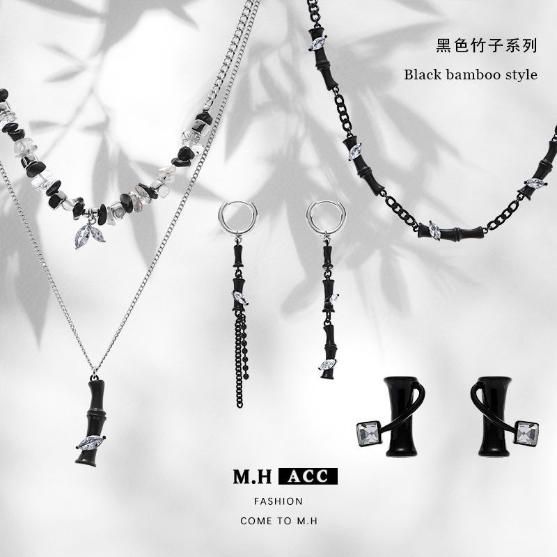 Chinese-style charcoal black bamboo joint earrings, new Chinese-style niche high-end light luxury earrings, personalized trend earrings wholesale full figure