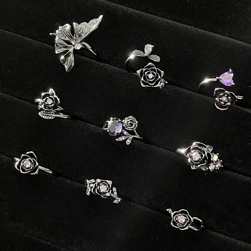 Retro, fashionable, cool, dark rose flower open ring, feminine charm, hip-hop and dancing personality, index finger ring accessory Specification drawing