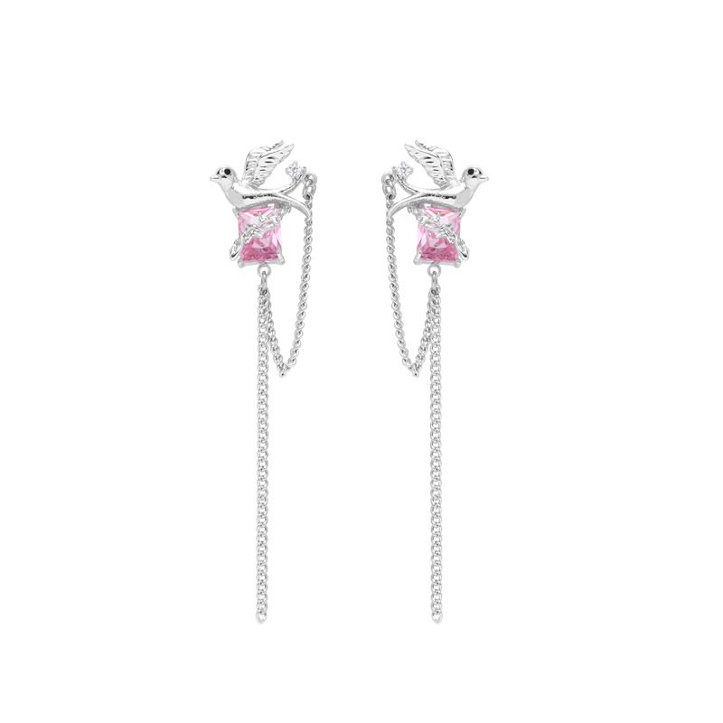 Original pink zirconium bird earrings with a niche and high-end feel, 2024 new tassel earrings, sweet and cool style, fashionable and versatile earrings Item Picture