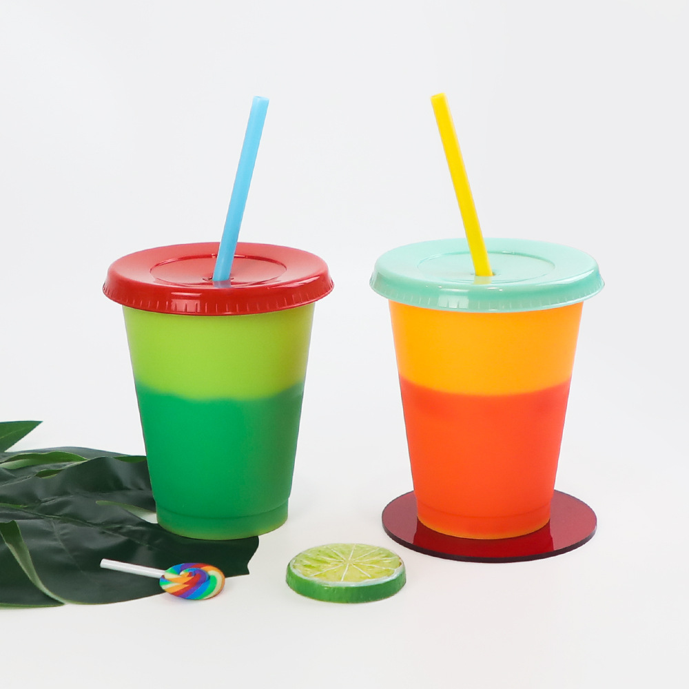 Factory direct supply 16oz single-layer plastic color-changing cup fruit tea cold drink, temperature-sensitive color-changing straw cup in stock Application Scenario