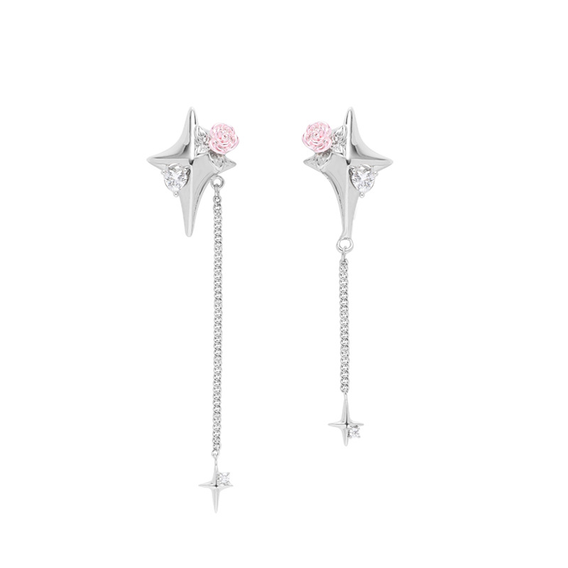 Original four-pointed star rose zircon earrings, a niche high-end sweet and cool style, long tassel simple earrings for women Item Picture