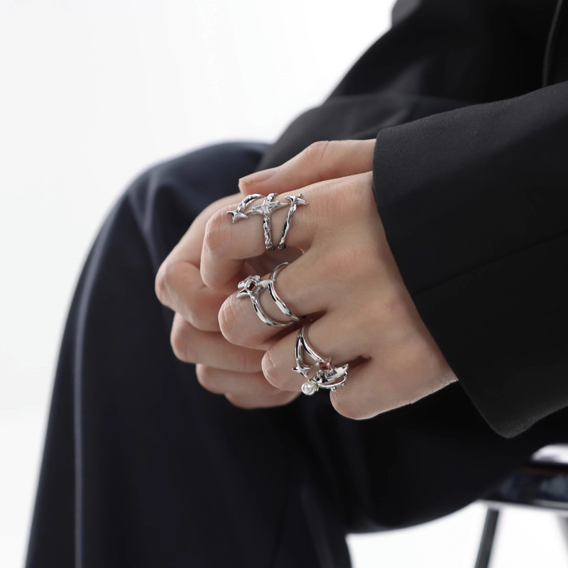 Irregular double-layer hollowed-out starburst opening ring, gender-neutral punk, cool, high-end, personalized and fashionable food ring details Picture