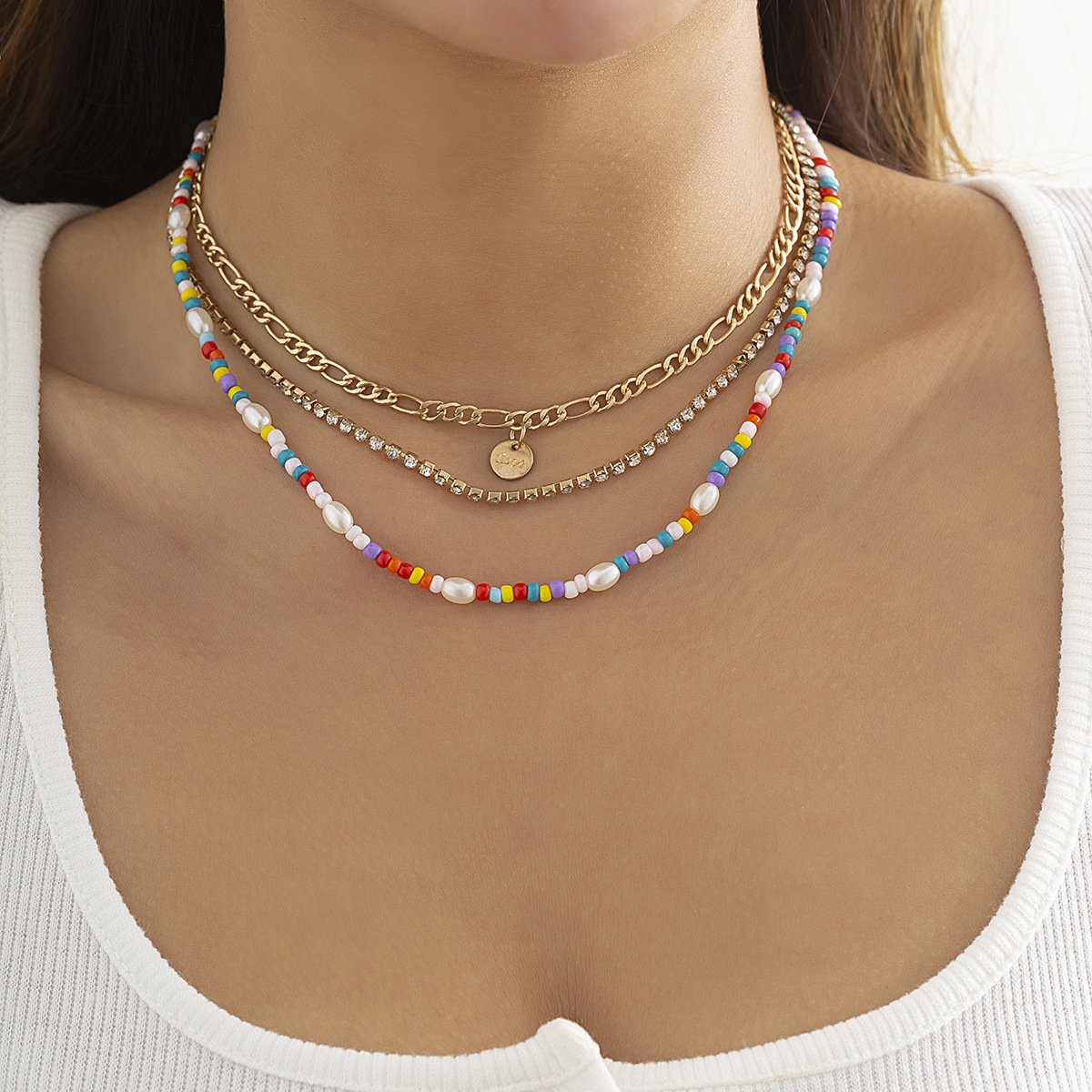 European and American fashionable colorful rice beads layered ethnic style collarbone chain necklace, personalized geometric round claw chain retro necklace full figure