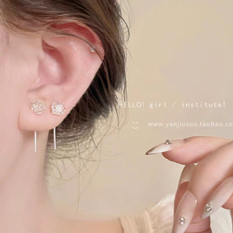 The 2025 new style of iridescent white rose ear thread women's light luxury high-end fringed ear stud elegant earrings 925 details Picture