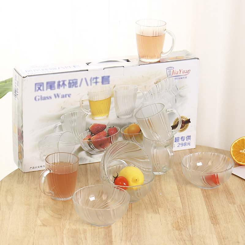 Creative new phoenix tail cup and bowl eight-piece set, glass cup and bowl set gift box, small gift for customer opening, handle cup details Picture