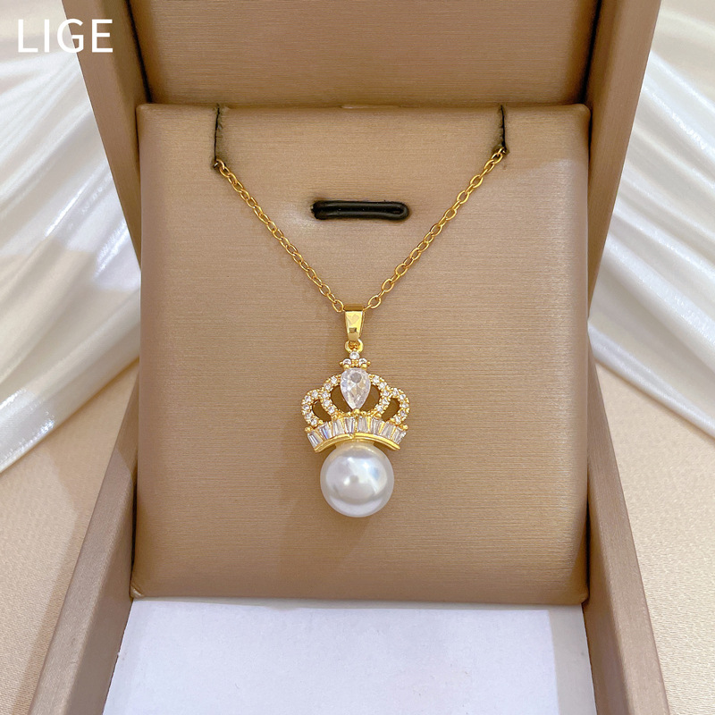 【 Titanium Steel 】 Necklace and earring set, light luxury Full diamond pearl crown, personalized and elegant banquet earrings and necklace set Application Scenario