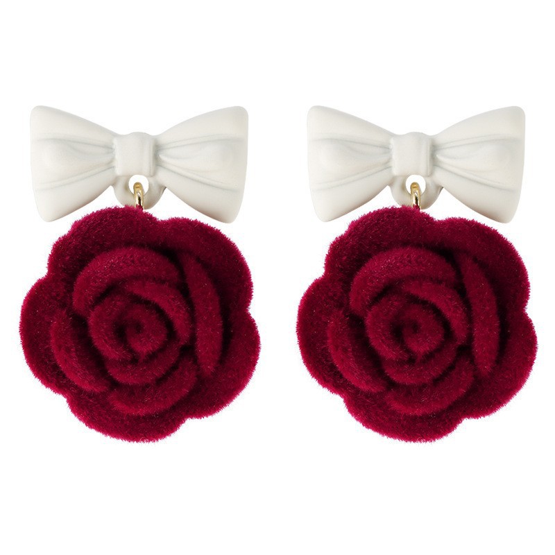 Autumn and winter velvet red rose stud earrings for women, light luxury, high-end, versatile, fashionable, gentle and sweet girl earrings Item Picture
