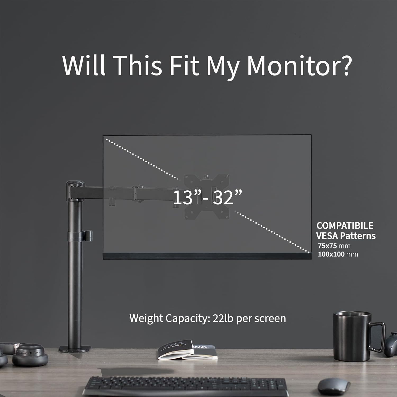 The single monitor arm desktop stand can accommodate a regular screen of up to 32 inches with clamps and perforations Application Scenario