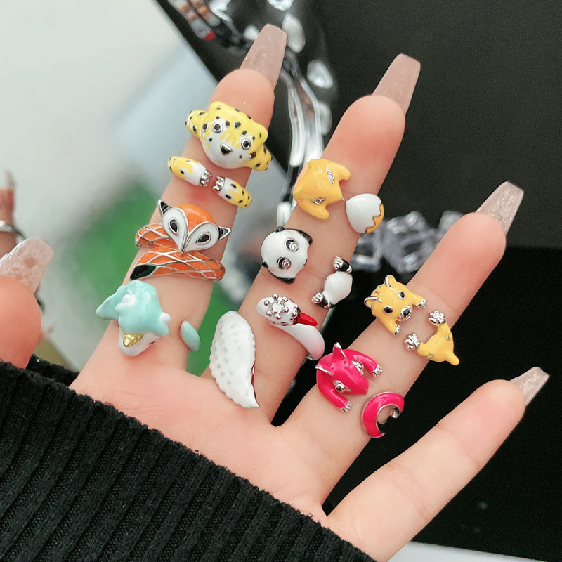 Cute and playful little animal drip glaze open ring, unique cartoon sweet and cool personality of female student, best friend food ring trend Specification drawing