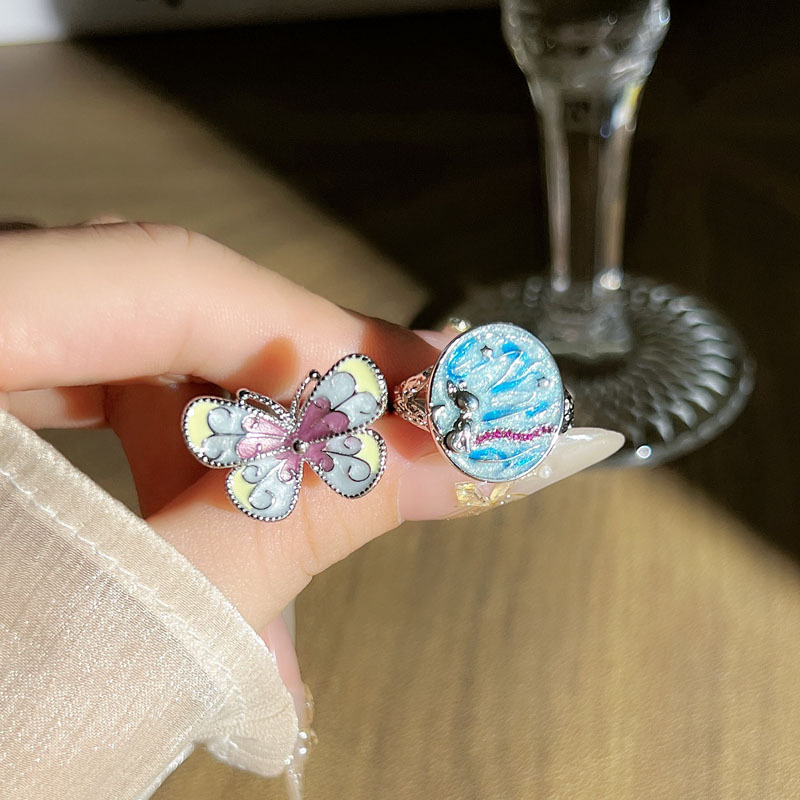 Galaxy Starry Sky Designer's oil painting style enamel ring, women's butterfly color block, cold and fashionable index finger ring for girls details Picture