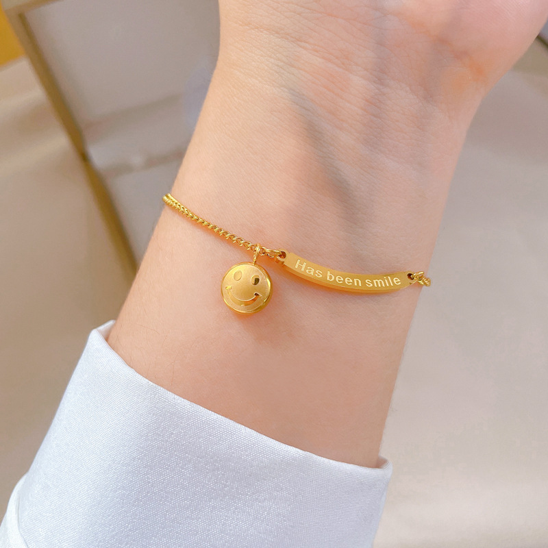 【 All-titanium Steel 】 Smiley face letter round bead style lucky minimalist chain bracelet female Internet celebrity retro best friend Specification drawing