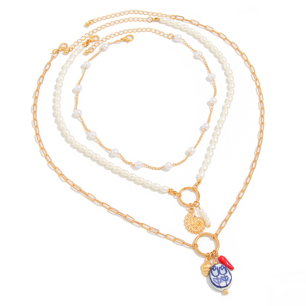 European and American cross-border jewelry, fashionable ins bow starfish multi-layer necklace, simple imitation pearl beaded necklace Item Picture