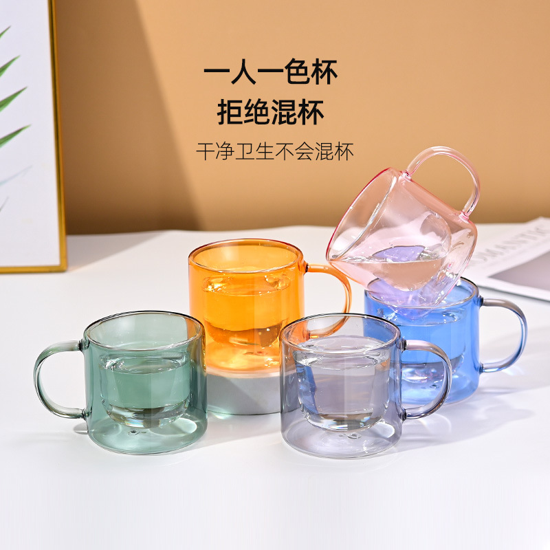 Wholesale simple and colorful double-layered glass cups, thickened high borosilicate glass coffee cups with handles and anti-scald drinking cups full figure