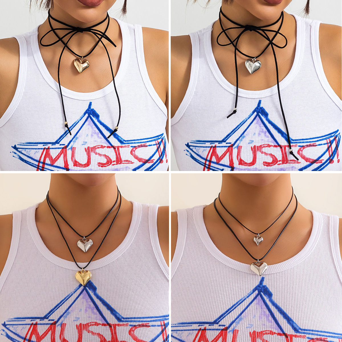 European and American cross-border jewelry black rope small heart pull-out sweet and cool choker punk personality retro collar velvet necklace full figure
