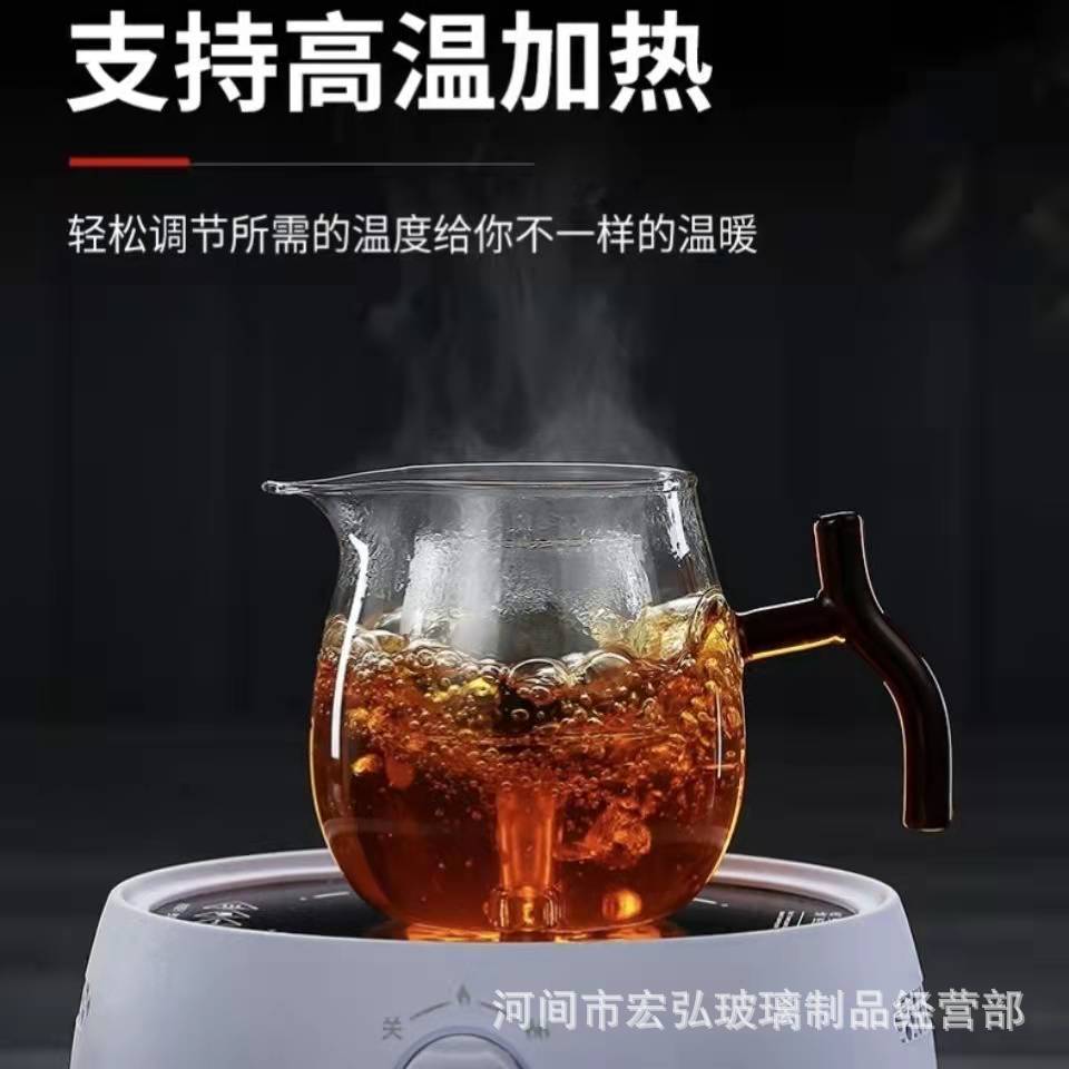 A small green tangerine tea brewing set, a glass fair cup, a red-handled filtering flower tea teapot, a glass cup tea brewing set Specification drawing