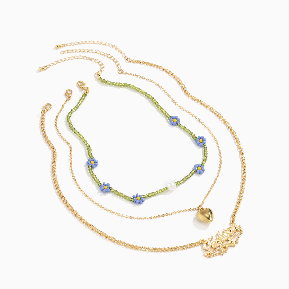 Retro imitation pearl stacked rice bead sweet collarbone chain necklace, European and American punk style heart letter pendant necklace for women Application Scenario