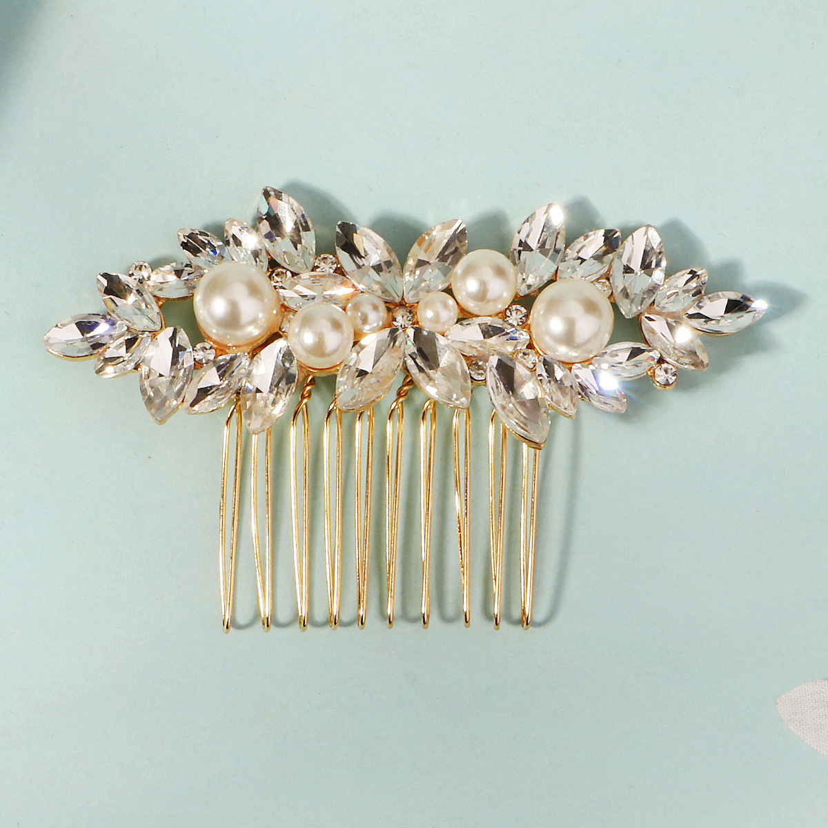 European and American cross-border bride headwear, horse eye water diamond insert comb, high-end wedding updo hair accessory, versatile pearl hair comb for women Specification drawing