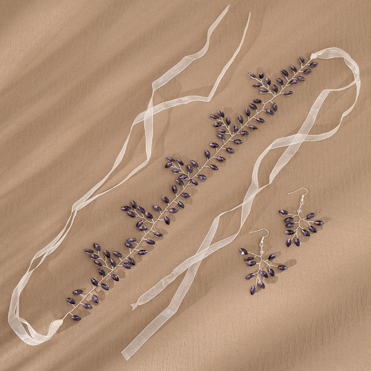 New Chinese-style Xiuhe ancient-style hair accessories, handcrafted, versatile braided hair, colorful headband, horse eye water diamond hair band, earrings set Specification drawing