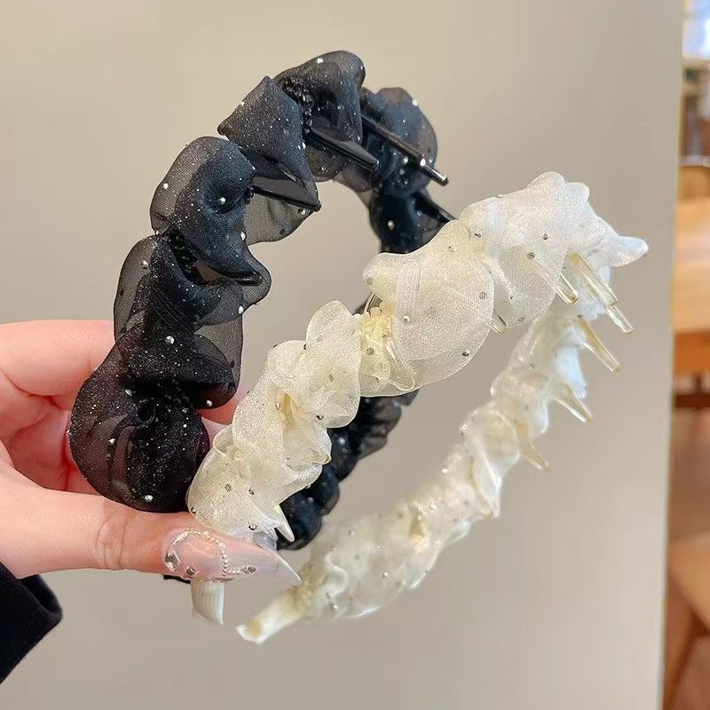 Sparkling Diamond Chiffon hairband for Women, Spring/Summer 2025 new high top toothed anti-slip headband, elegant pressure hair clip headwear full figure