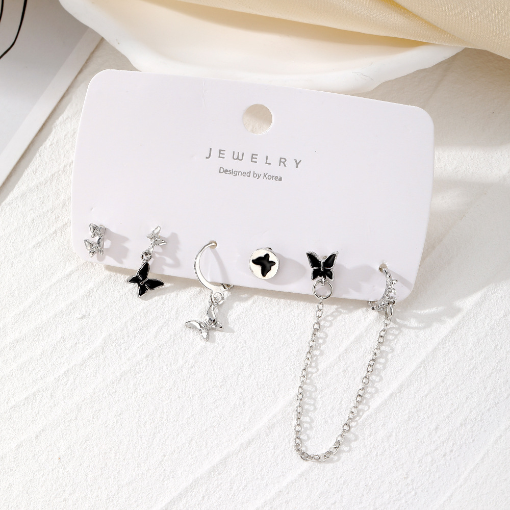 A new cross-border best-selling oil-dripping butterfly earring set of five pieces for women, featuring black metal and elegant earrings details Picture