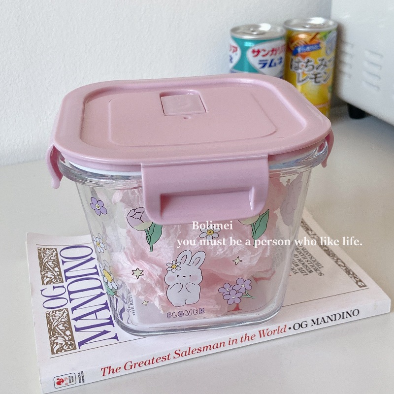 Bolimei Huajian Rabbit heat-resistant glass food storage box, food storage bowl with lid seal, bento box, glass bowl Specification drawing