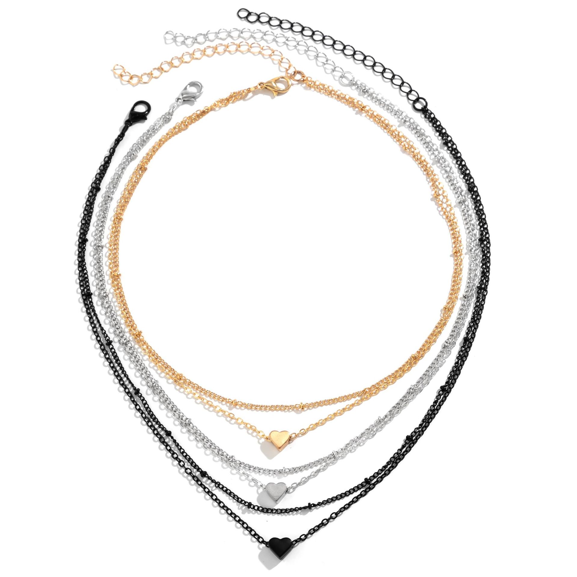 European and American cross-border jewelry punk personality mixed color fine chain necklace geometric round bead chain heart-shaped multi-layer necklace for women Item Picture
