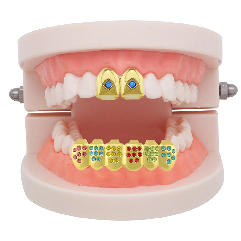 European and American hiphop glossy single color diamond braces decoration Hip-hop color diamond braces set Vampire gold braces details Picture