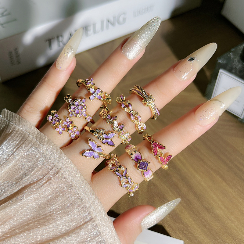French retro golden butterfly dreamy purple flower open ring, a delicate, sweet, cool and high-end niche index finger ring for women full figure