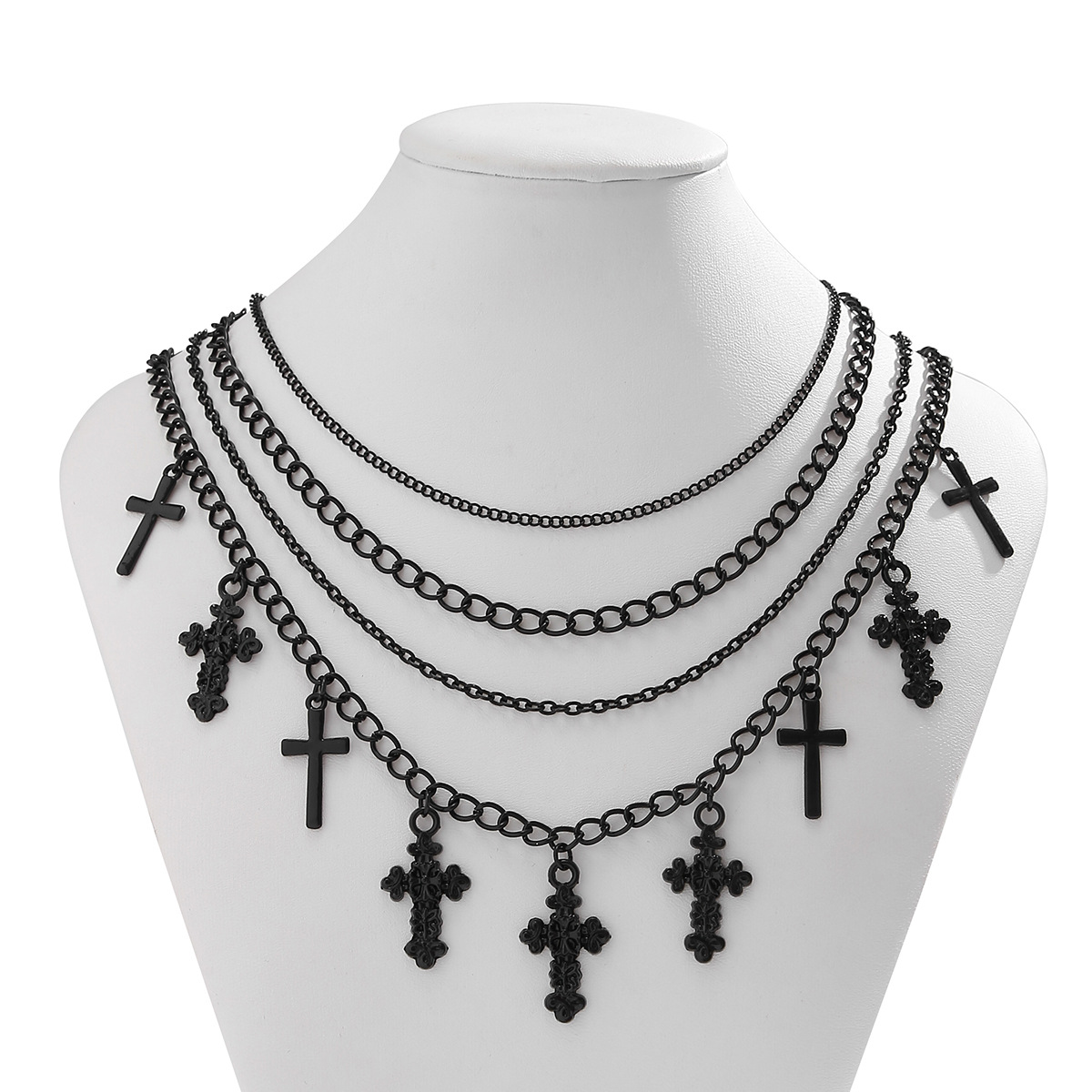 European and American cross-border jewelry Halloween multi-layered cross tassel necklace, sweet and cool chain, black niche women's necklace Item Picture