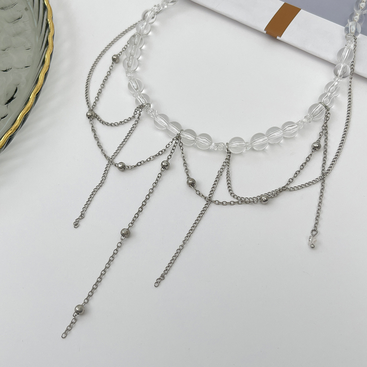 European and American cross-border jewelry, ins style, sweet and cool transparent crystal beaded necklace, simple and versatile for women, tassel collarbone chain Application Scenario