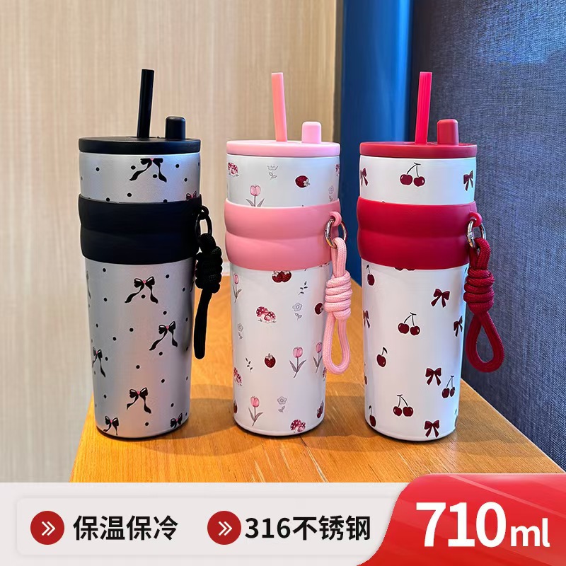 New coffee cup, 316 stainless steel insulated cup, women's straw cup, large-capacity water cup, high appearance level, portable drinking cup full figure
