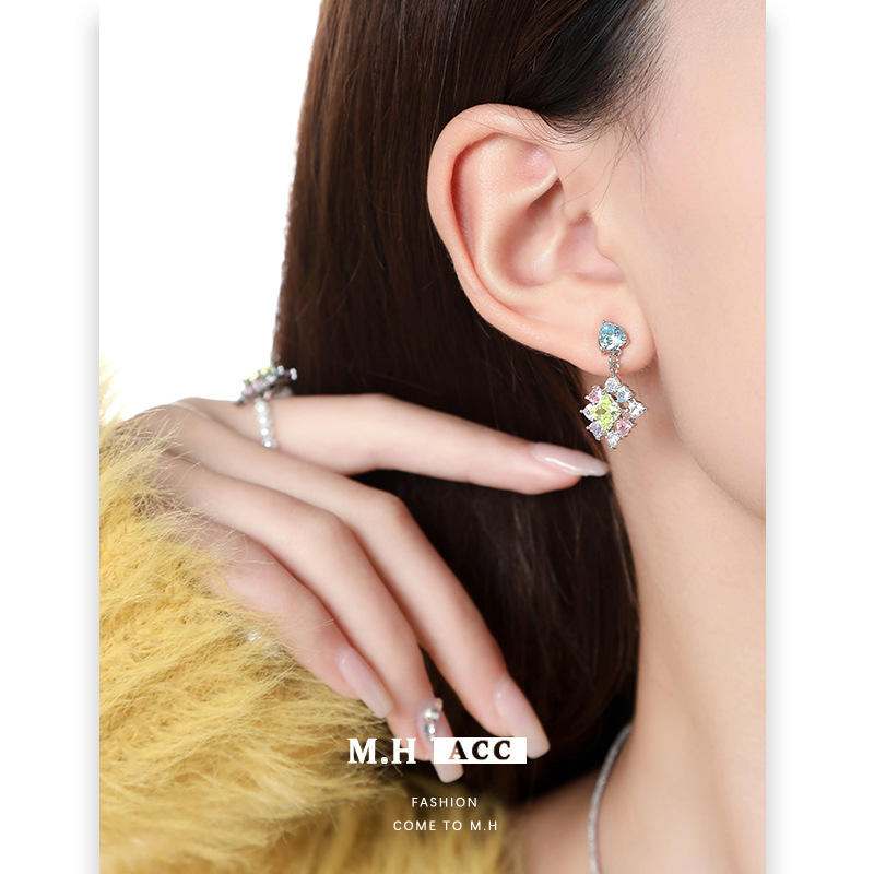 Harajuku colorful zircon asymmetrical earrings for women, light luxury European and American cross-border silver needle stud earrings, unique design earrings for hot girls details Picture
