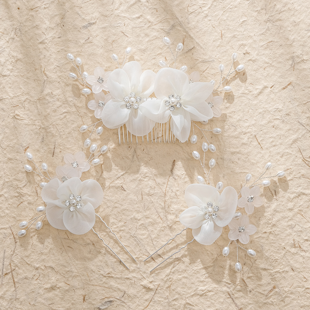 Korean bride's headwear set, faux fabric hand-combed U-shaped hair hairpin, white veil dress accessory full figure