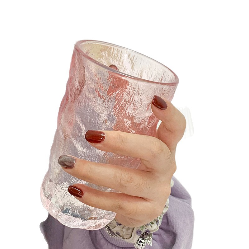 Ins-style gradient pink glass cups, home internet-famous glacier pattern cups, girls' high school appearance level water cups, beer mugs, douyin Item Picture