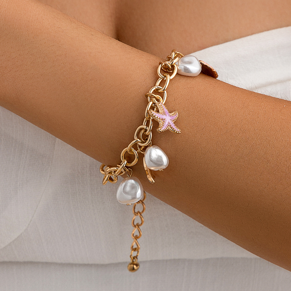 European and American cross-border jewelry, ocean and beach style alloy starfish set necklace, fresh and versatile pearl necklace Specification drawing