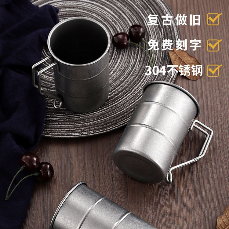Retro industrial-style beer mugs, 304 stainless steel mugs, coffee cups, aged outdoor camping wooden barrels and cups details Picture