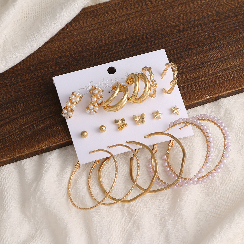 A new retro diamond-encrusted pearl women's stud earring set of 9 pieces, featuring cross-border golden geometric earrings from Europe and America Specification drawing
