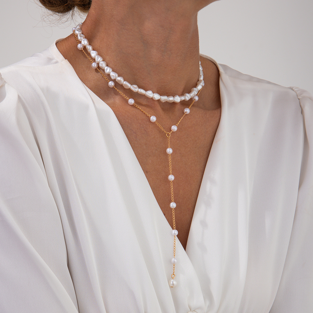 European and American cross-border jewelry, high-end pearl beaded multi-layer collarbone chain, personalized Y-shaped pearl tassel necklace set Specification drawing