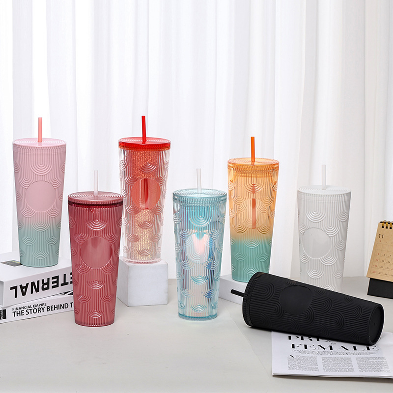 【 Processing and Customization 】 Wavy straw cup, ocean pattern, popular online drinking cup, high appearance level, large capacity, straight for commuting full figure