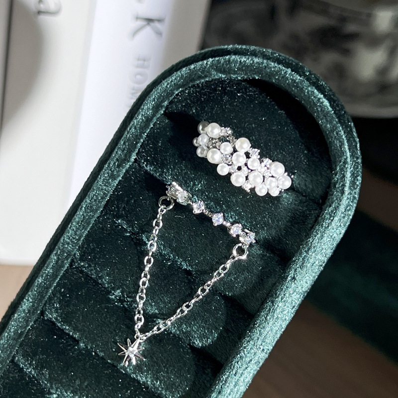 A cold and simple star-studded diamond chain opening ring for women, exuding a sense of light luxury and sophistication, with a fashionable pearl inlaid ring trend Specification drawing