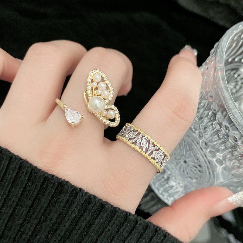 New Chinese-style national trend butterfly pearl open ring for women, cross-border sweet and cool, hollowed-out, elegant, niche and high-end ring full figure
