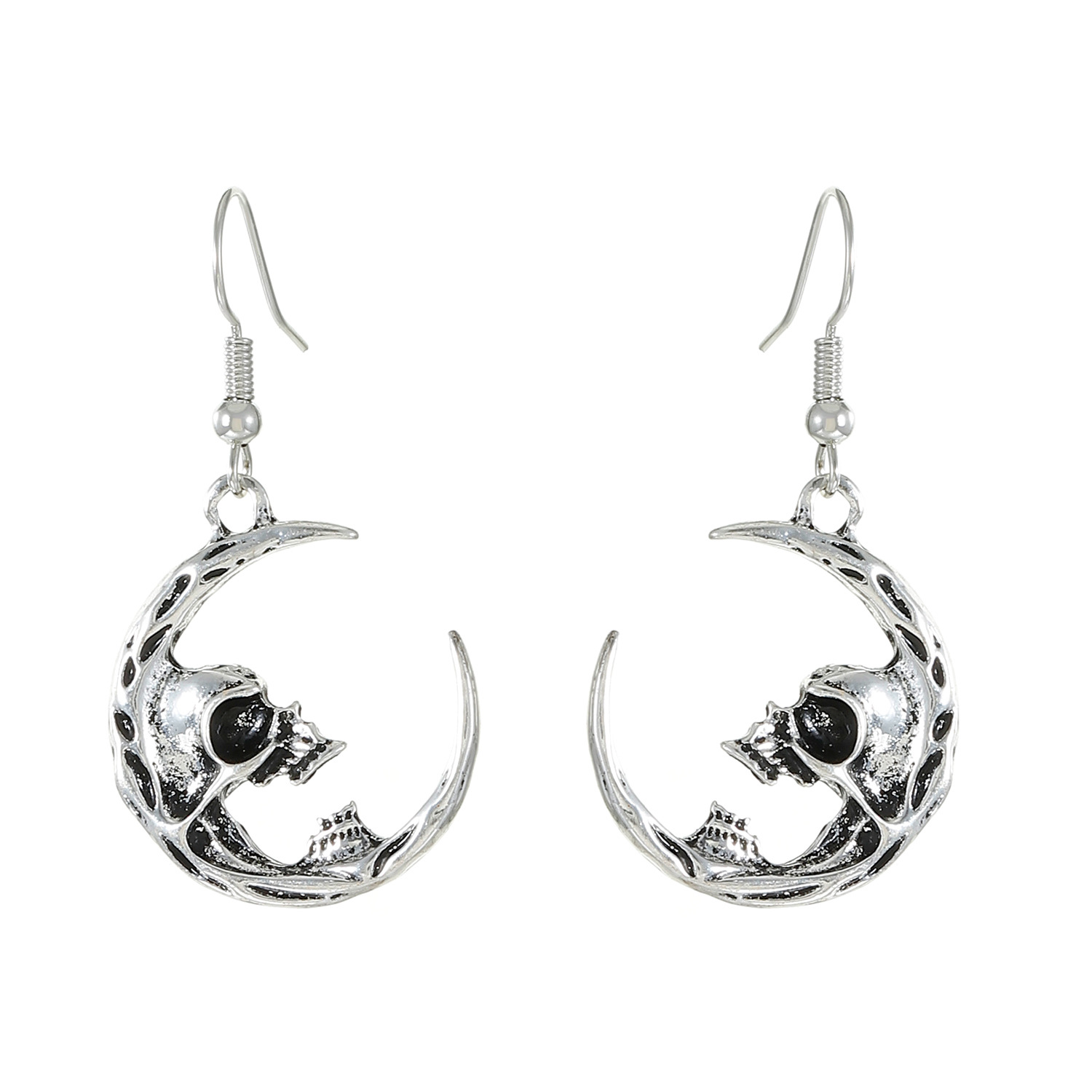 Gothic dark half-skull crescent earrings for women, retro exaggerated alloy aged butterfly earrings, Halloween earrings Item Picture