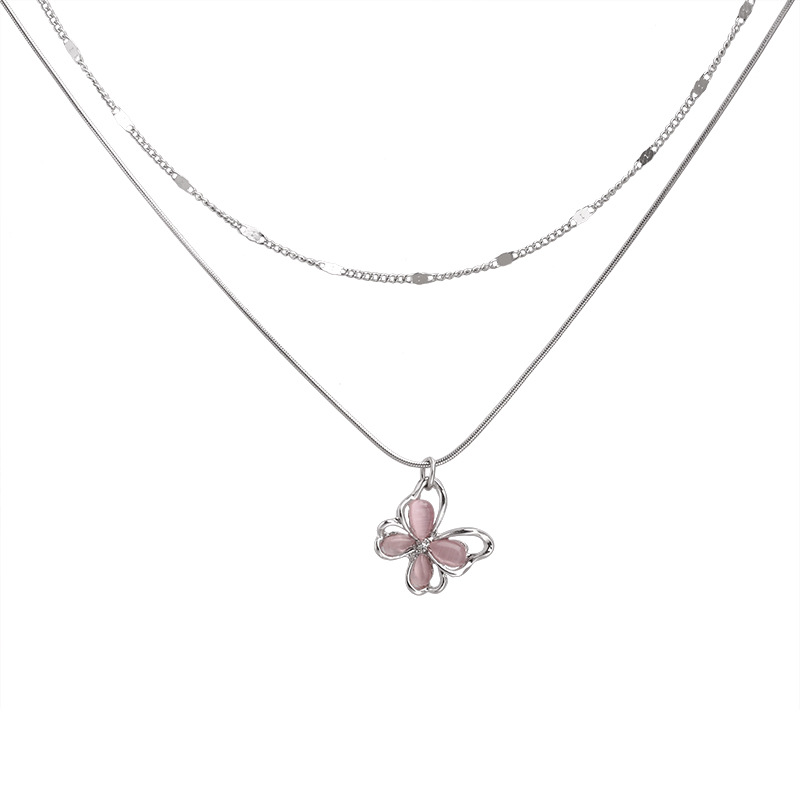Y2K Sweet and Cool Style ~ Hollow Butterfly double-layer layered necklace for women, titanium steel collarbone chain, light luxury necklace wholesale Item Picture