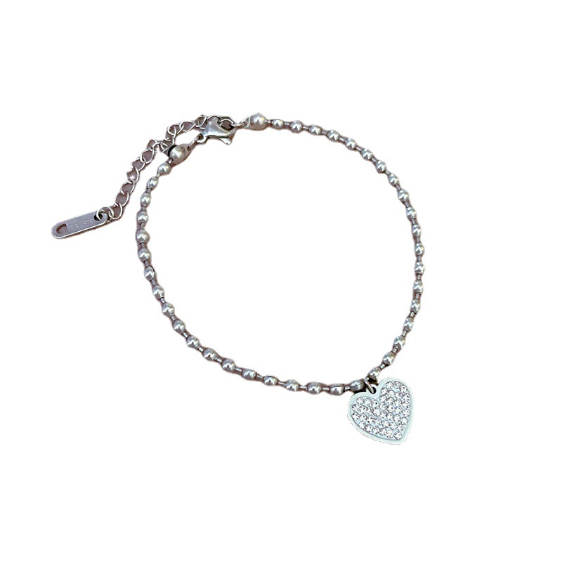 【 All-titanium Steel 】 Full diamond heart-shaped round beads, elegant and lucky minimalist chain bracelet, female Internet celebrity, retro best friend Item Picture